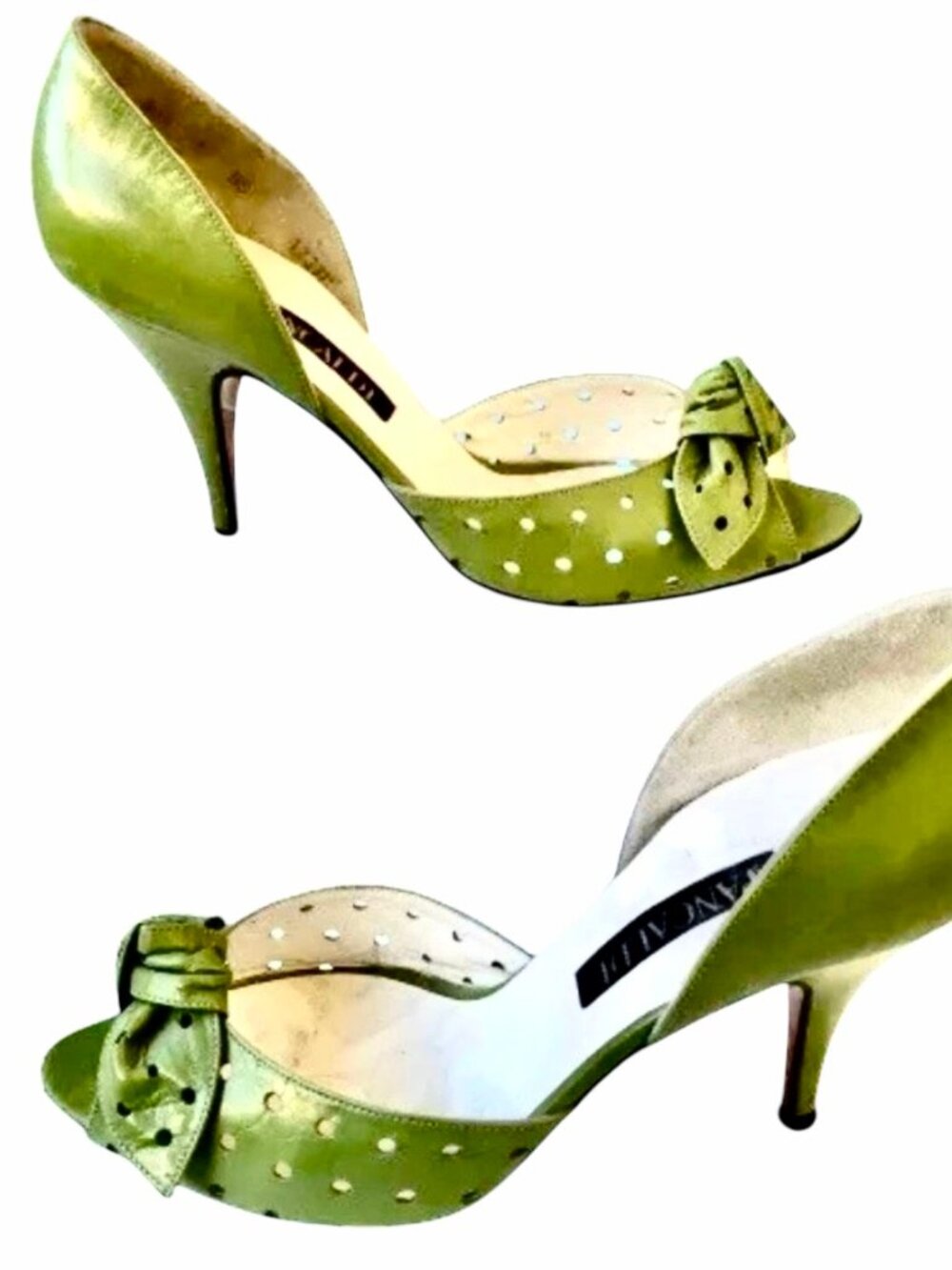 Pancaldi Vintage 90's Italy Green Leather D'Orsay Peep Toe Perforated Pump 8 - Picture 3 of 13